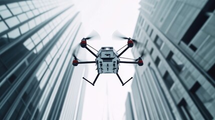 Poster - A high-tech AI-driven autonomous drone for infrastructure maintenance, clean urban environment with drones designed for inspecting and maintaining bridges and buildings