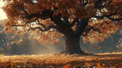 Wall Mural - Majestic oak tree in autumn, sunlight filtering through leaves.