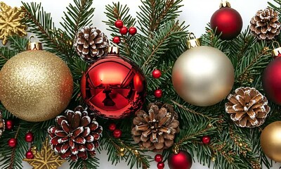 Aufkleber - Festive Holiday Christmas Decorations with Red Gold Ornaments and Evergreens : Generative AI