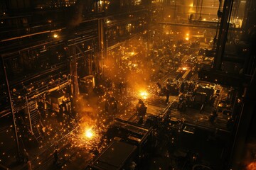 Aufkleber - In a spacious industrial workshop, several workers are engaged in welding, creating bright sparks and illuminating the area. Generative AI