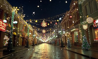 Aufkleber - Festive street illuminated with dazzling Christmas lights snow falling creating a magical winter atmosphere : Generative AI