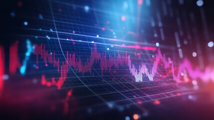 Wall Mural - abstract financial data visualization with red and blue lines and dots on a dark background.