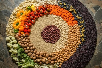 Poster - A vibrant display of fresh vegetables, grains, and legumes arranged in a circular pattern on a natural surface showcases healthy eating. Generative AI