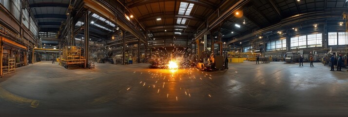 Aufkleber - In a large industrial workshop, workers actively perform welding tasks while sparks fly in various directions throughout the space. Generative AI