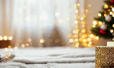 Aufkleber - Cozy Christmas Ambiance With Decorated Tree and Wrapped Gift for Festive Holiday Scene : Generative AI