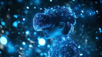 Wall Mural - a young boy wearing a vr headset with blue light particles around him.