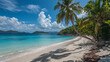 © sasisom - A tranquil tropical beach with pristine white sand, crystal-clear turquoise waters, and swaying palm trees under a bright blue sky