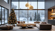 © aun - A modern living room with large windows showing snowfall outside, while festive decorations and a glowing tree add warmth inside