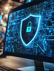 Aufkleber - A computer screen shows a glowing shield and lock icon, representing strong internet security measures in a digital environment. Generative AI
