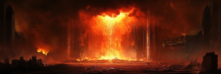 Aufkleber - An industrial furnace generates fierce flames while molten steel pours out, illuminating the factory as workers manage the process. Generative AI