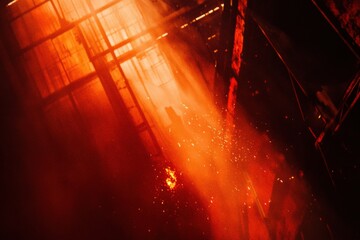Leinwandbilder - An industrial furnace releases fire and molten steel, illuminating the factory floor with glowing orange light during nighttime operations. Generative AI