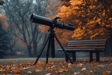 Wall Mural - Telescope on tripod near park bench, autumn leaves.