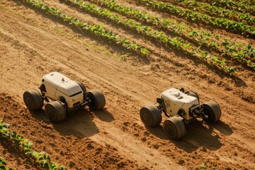 Aufkleber - Robotic machines work collaboratively to plant crops in the fertile soil of a rural farm under bright daylight. Generative AI