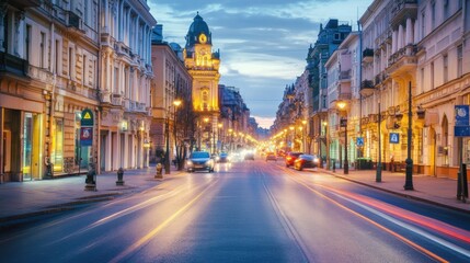 Poster - In the evening, a busy city street is lit by blurred car lights, highlighting the charming architecture and lively atmosphere. Generative AI