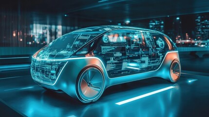 Wall Mural - a concept car with augmented reality windshields, holographic controls, and retractable wheels, show