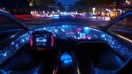 Wall Mural - a concept car with augmented reality windshields, holographic controls, and retractable wheels, show
