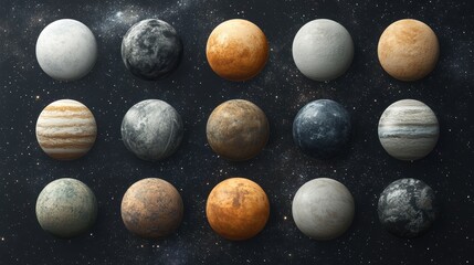 Wall Mural - a collection of realistic planetary models depicting diverse surfaces, colors, and textures set agai