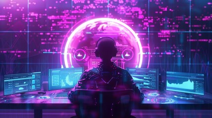 Hacker with headphones sitting in front of computer monitors and working on futuristic computer network with digital interface and global network, cybersecurity and future technology concept