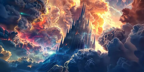 Wall Mural - cosmic cathedral amidst celestial clouds, 4k video