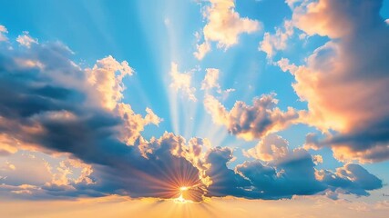 Wall Mural - sunset sky with vibrant rays of sunlight streaming through fluffy clouds, casting warm hues over a t