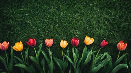 Poster - Colorful tulips bloom vibrantly on a green meadow, swaying gently in the warm spring breeze, inviting admiration and joy. Generative AI