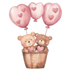 Sticker - Cute bear couple in a hot air balloon with heart-shaped balloons, a digital illustration with a Valentine's Day theme, isolated on a white background.