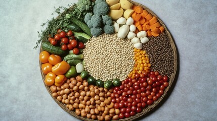 Poster - A vibrant display of fresh vegetables, legumes, and grains showcases a healthy variety on a round woven platter, highlighting nature's bounty. Generative AI