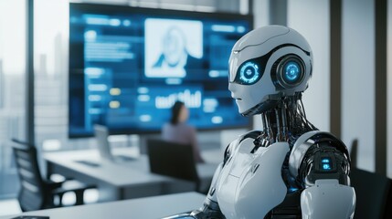 Poster - A robot conducting a virtual meeting in a high-tech office, modern and professional setting with digital screens and office equipment, Business Robotics style