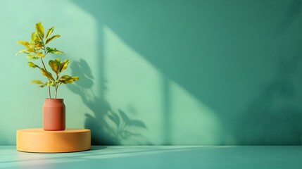 Wall Mural - Serene and tranquil 3D studio room scene with earthy green background empty floor and wall product podium and shadow overlay from window lighting creating a warm golden glow on the minimalist mockup