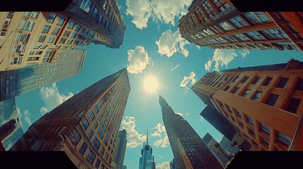 Wall Mural - Low angle view of skyscrapers reaching for a bright sun in a blue sky.