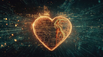 Poster - A glowing heart is encircled by flowing digital code, representing the blend of human emotion and technological advancement. Generative AI