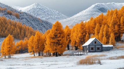 Wall Mural - Snowy mountain landscape with golden larch trees and cabin.