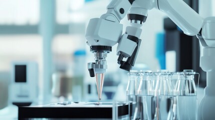 Leinwandbilder - A robot performing detailed lab analysis in a biochemical lab, sterile and high-tech setting with lab equipment and samples, Biochemical Robotics style