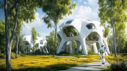 Poster - A robotic architect designing sustainable housing solutions for a rural community, architectural and rural setting with eco-friendly housing designs and community integration
