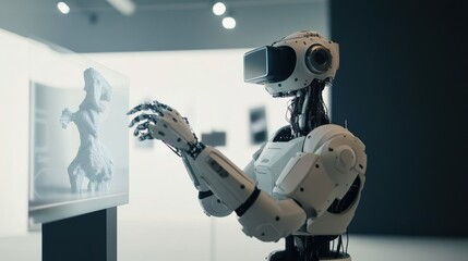 Poster - A robotic artist creating digital sculptures in a virtual reality art studio, artistic and immersive setting with digital sculpting tools and virtual art gallery