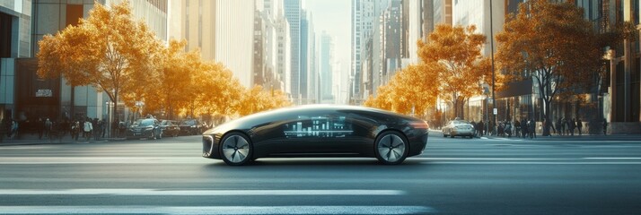 Leinwandbilder - A self-driving car moves smoothly through an urban environment, highlighting its onboard AI systems in action on a bright autumn day. Generative AI