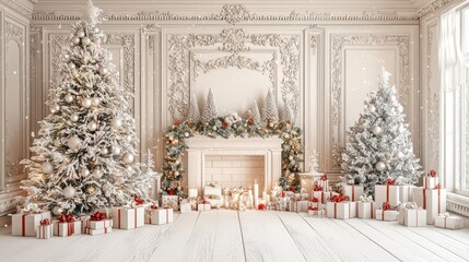 Christmas photovery big background for a famileygroups, clean natural white creme style colorstyle wall and floor , front view and natural 