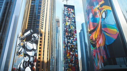 Poster - A robotic artist painting murals on skyscrapers in a futuristic cityscape, vibrant and urban setting with skyscrapers and artistic expression, Cityscape Mural Robotics style
