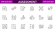 © MDUZIR - Assessment icons set. Stroke thin line vector illustration with goals, results, process, quality, evaluation, planning, analysis, auditing, financial report, measuring, expertise