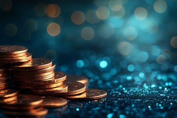 Leinwandbilder - Stack of Shiny Gold Coins on Sparkling Blue Background Bokeh Effect : Generative AI