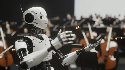 Poster - A robotic conductor leading a virtual orchestra performance, immersive and musical setting with digital instruments and virtual stage, Virtual Orchestra Robotics style