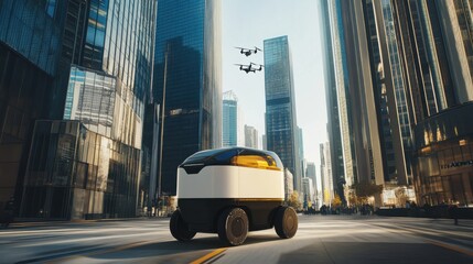 Poster - A robotic courier delivering packages in a bustling metropolis, dynamic and urban setting with skyscrapers and delivery drones, Urban Delivery Robotics style