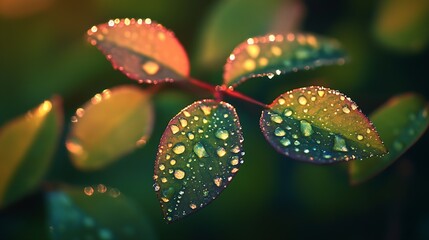 Aufkleber - Vibrant Close-Up of Dew-Covered Leaves in Natural Light for Botanical Beauty : Generative AI