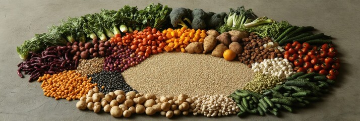 Aufkleber - An artistic arrangement of various fresh vegetables, grains, and legumes showcases their vibrant colors and shapes in a circular pattern. Generative AI