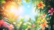 © Marius - Vibrant summer background with lush greenery, bright blue skies, blooming tropical flowers, and warm sunlight, cheerful and lively atmosphere.