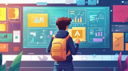 A man is pointing at a screen with a yellow backpack on