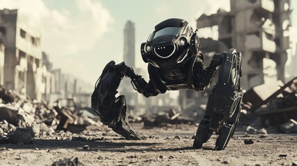 Poster - A robotic explorer navigating through a post-apocalyptic urban wasteland, dystopian and desolate setting with ruins and remnants of civilization, Post-Apocalyptic Exploration Robotics style