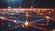 © pimpat - Abstract network visualization with glowing nodes and interconnected lines representing data flow, technology, and digital communication in a futuristic setting