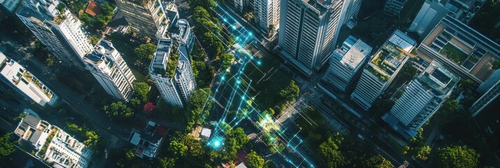 Leinwandbilder - Densely populated cityscape with modern buildings interconnected by a cutting-edge AI network, enhancing urban life and efficiency. Generative AI
