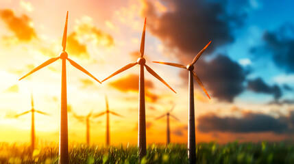 Canvas Print - Wind Turbines at Sunset in Green Field